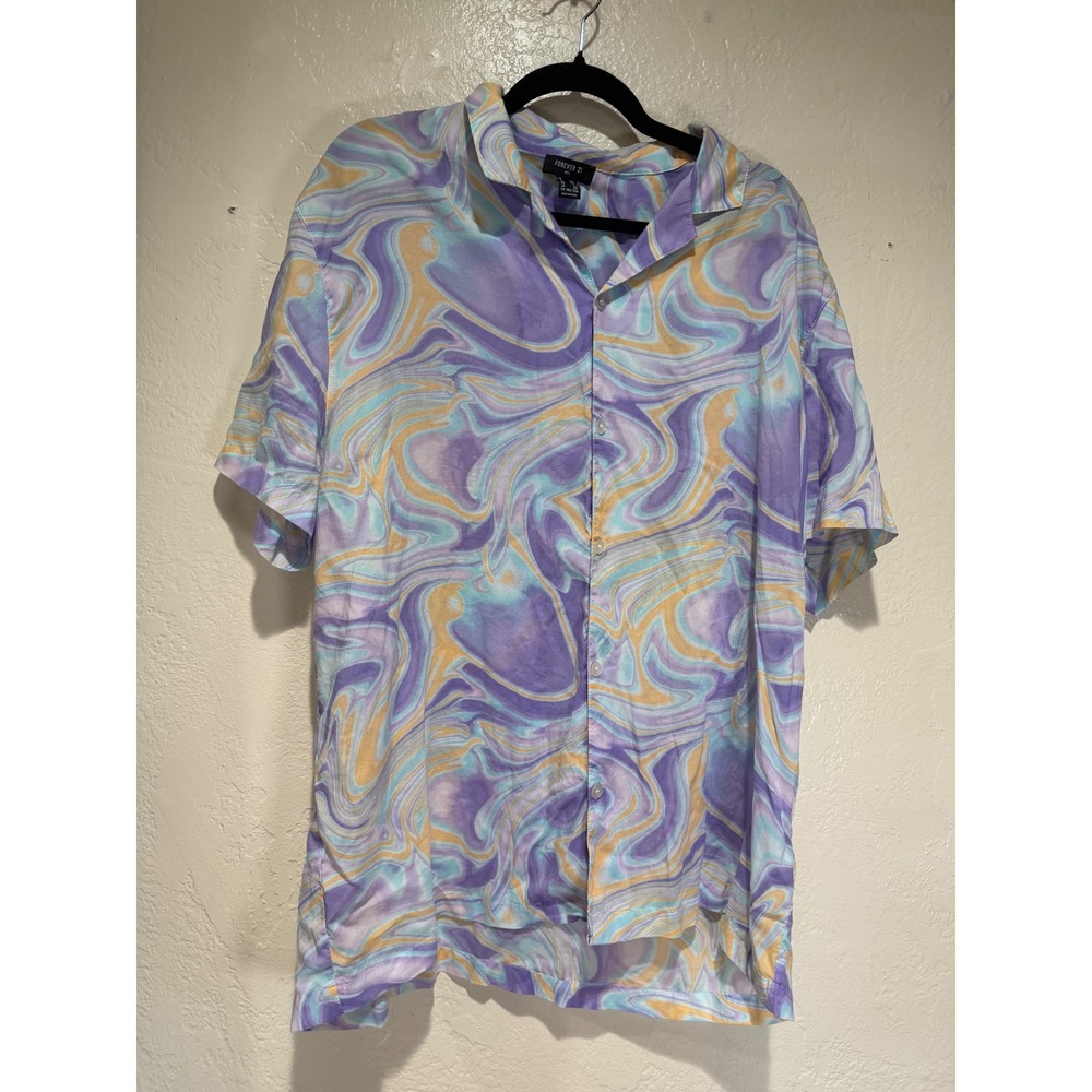 Forever‎ 21 Men XXL Purple Marble Swirl Lyocell Short Sleeve Button Down Shirt